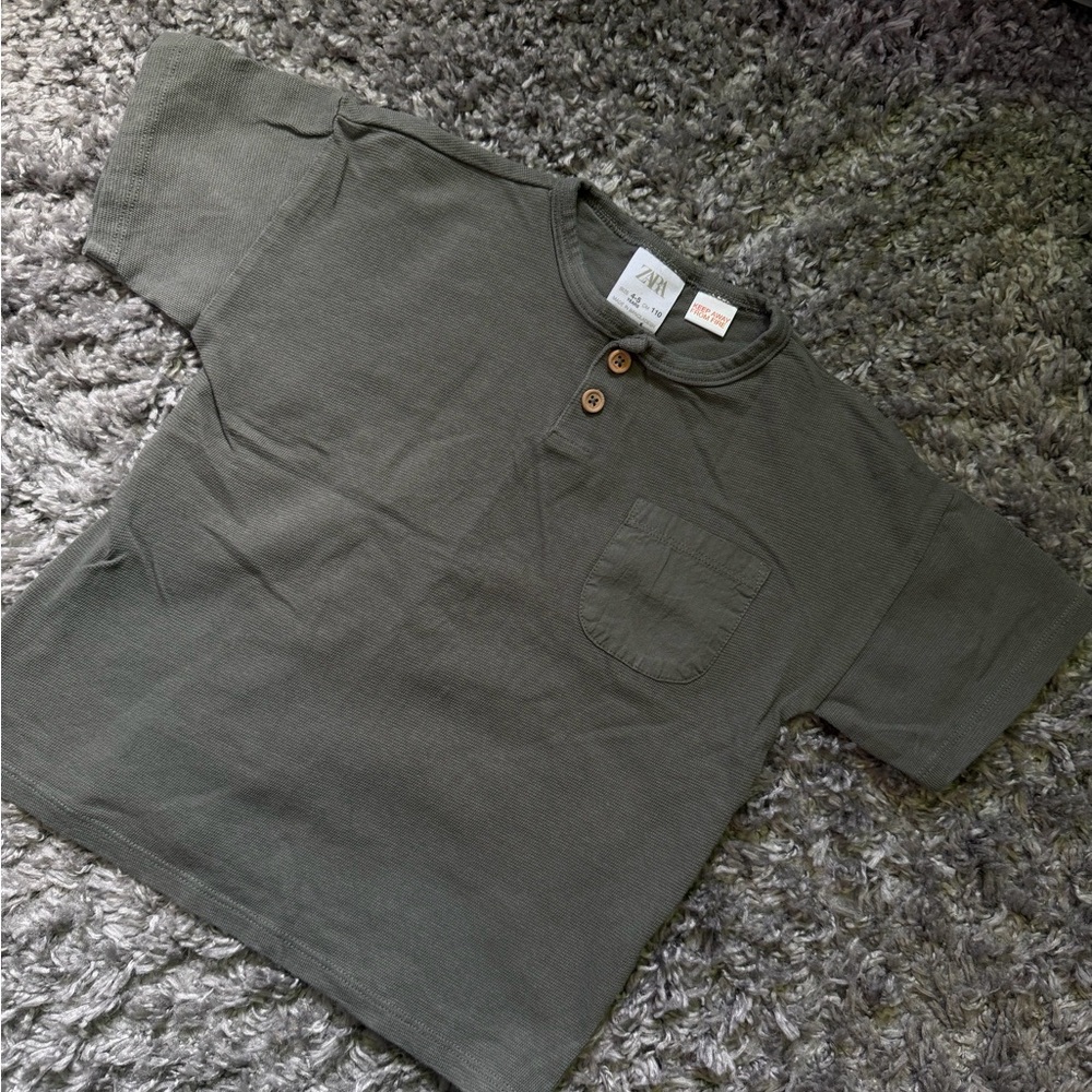 Zara Dark Olive Henley Tee with Wood Buttons